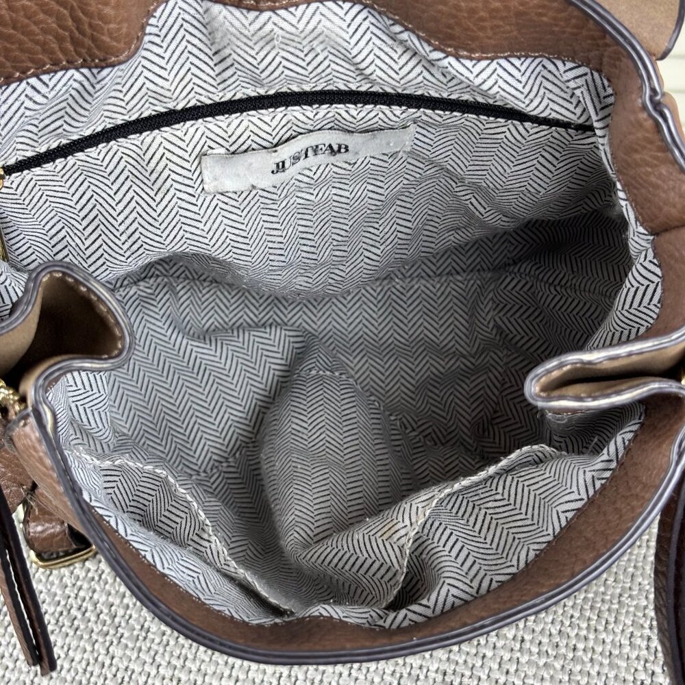 Justfab Cognac Brown Vegan Leather Backpack Bucket Travel Bag Expandable Medium - Picture 6 of 6